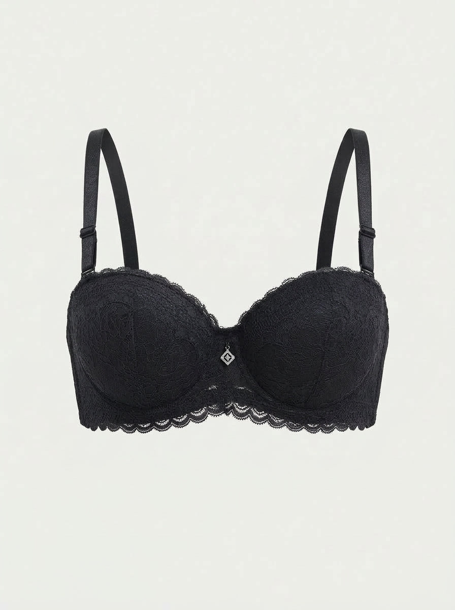 Floral Lace Underwire Bra with Scalloped Trim & Charm