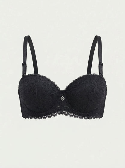 Floral Lace Underwire Bra with Scalloped Trim & Charm