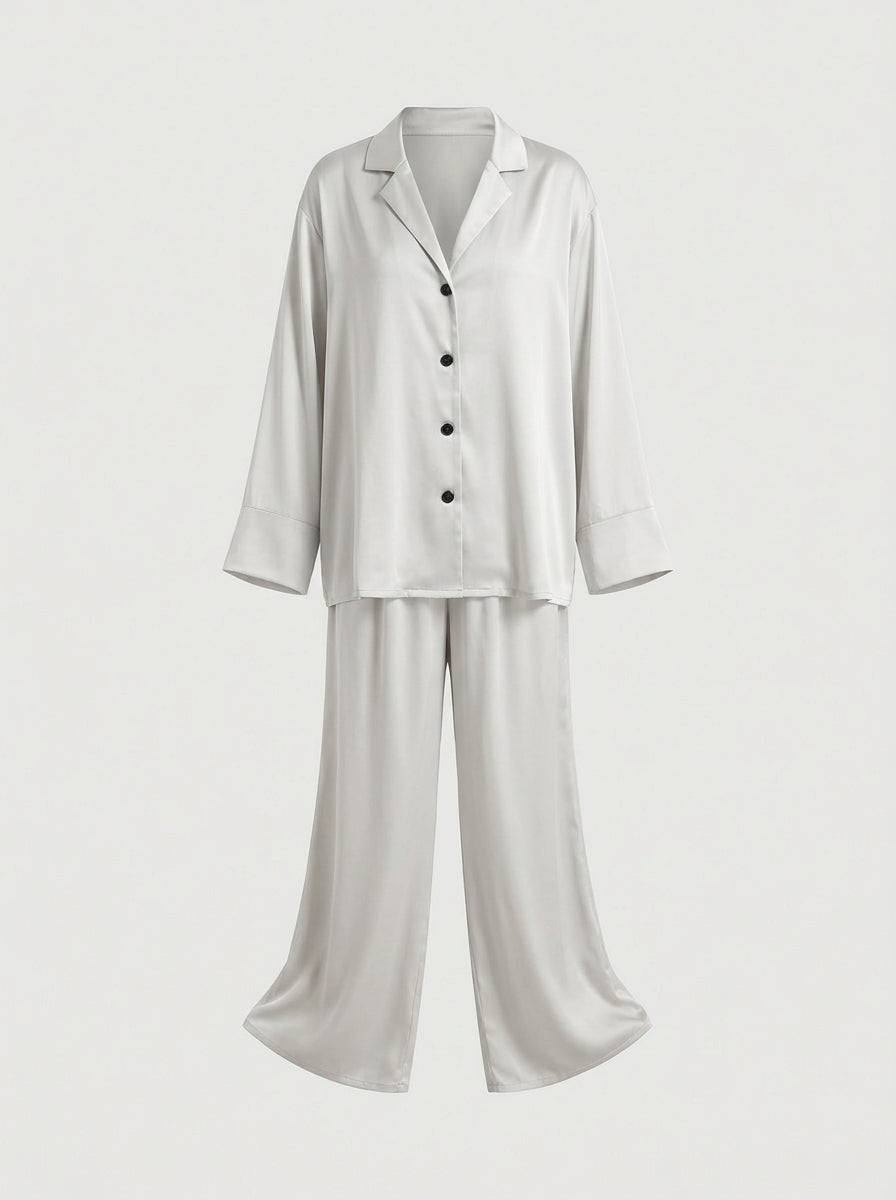 Satin Pajama Set with Button-Down Shirt and Wide-Leg Pants