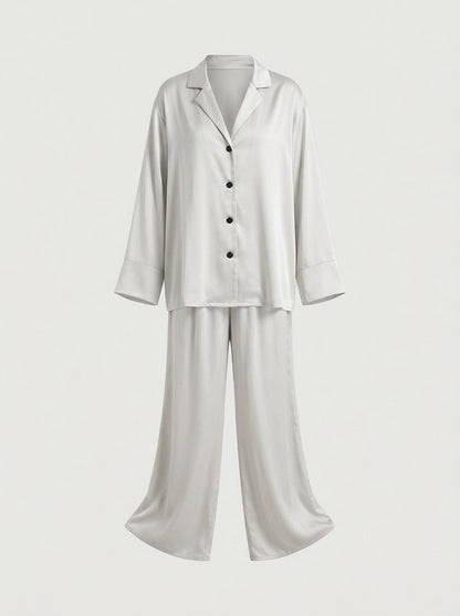 Satin Pajama Set with Button-Down Shirt and Wide-Leg Pants