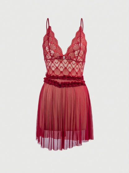 One-Size Sheer Mesh Babydoll with Fan Lace Bodice