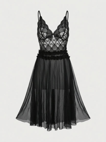 One-Size Sheer Mesh Babydoll with Fan Lace Bodice