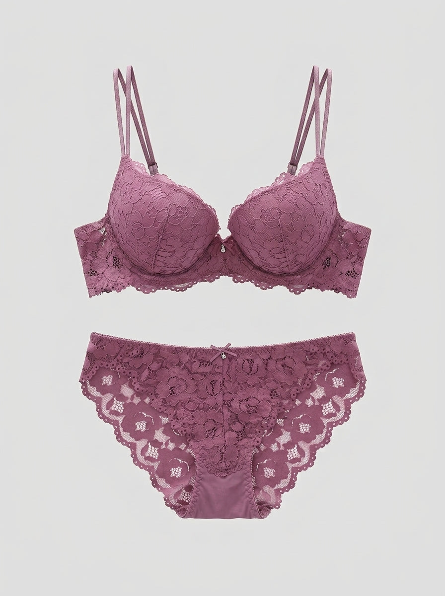 Floral Lace Bra & Panty Set with Scalloped Trim