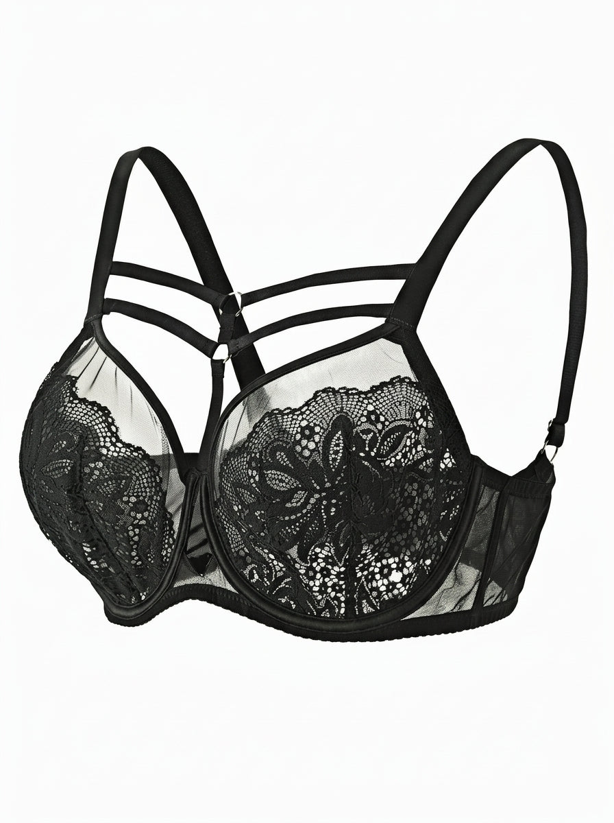Strappy Lace Underwire Bra with Sheer Mesh