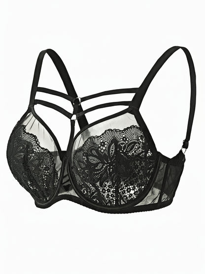 Strappy Lace Underwire Bra with Sheer Mesh