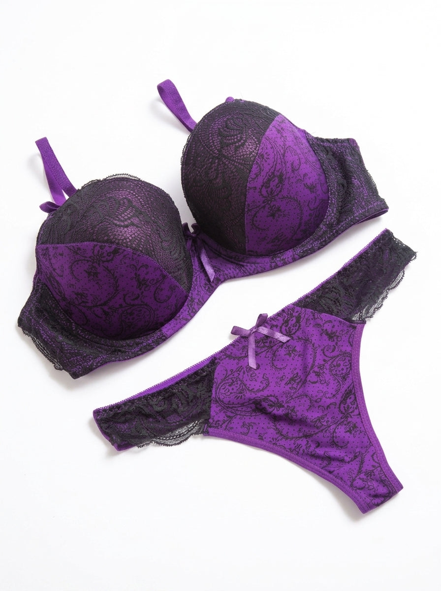Paisley Print Lace-Trim Bra and Thong Set