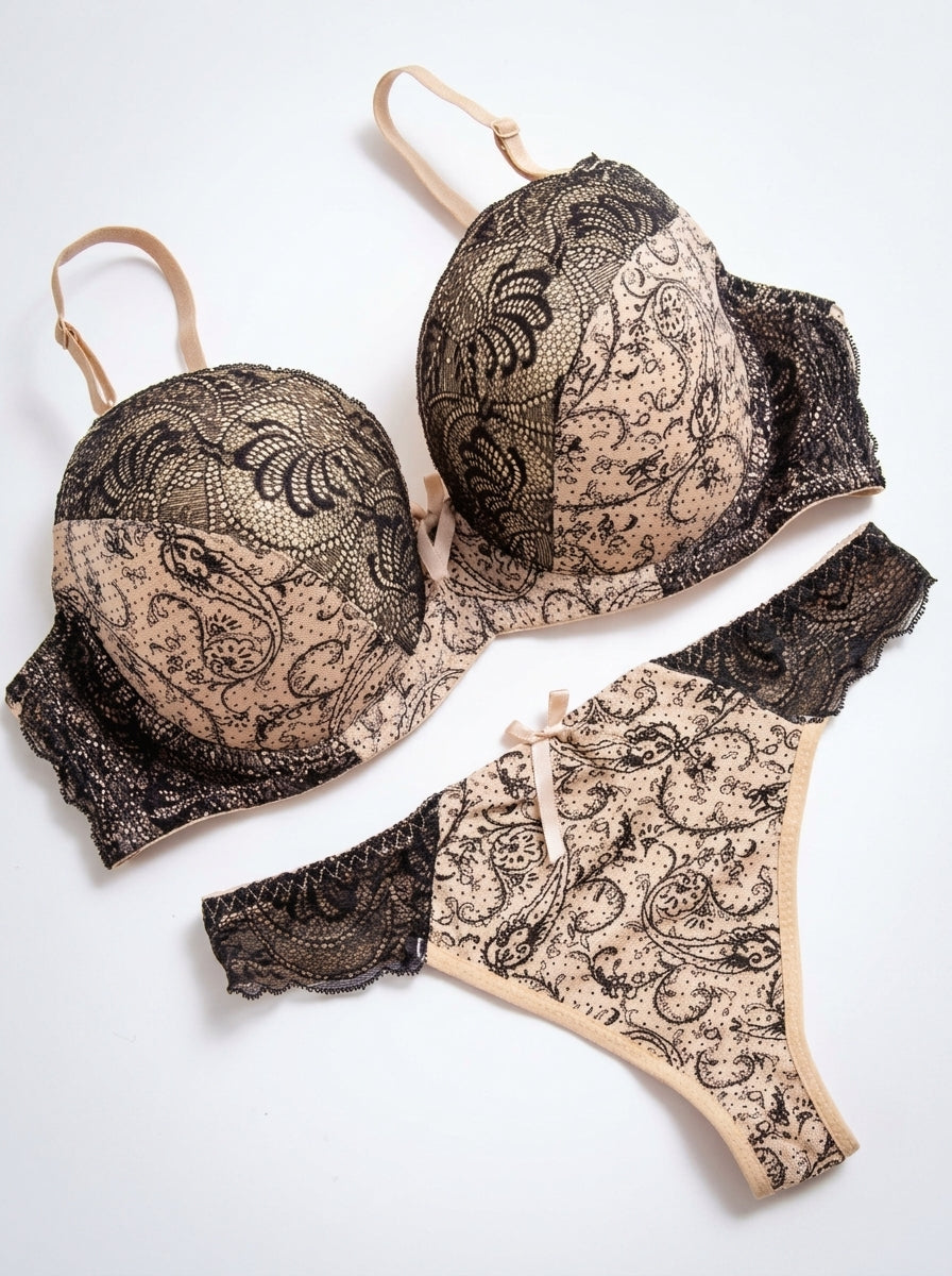 Paisley Print Lace-Trim Bra and Thong Set