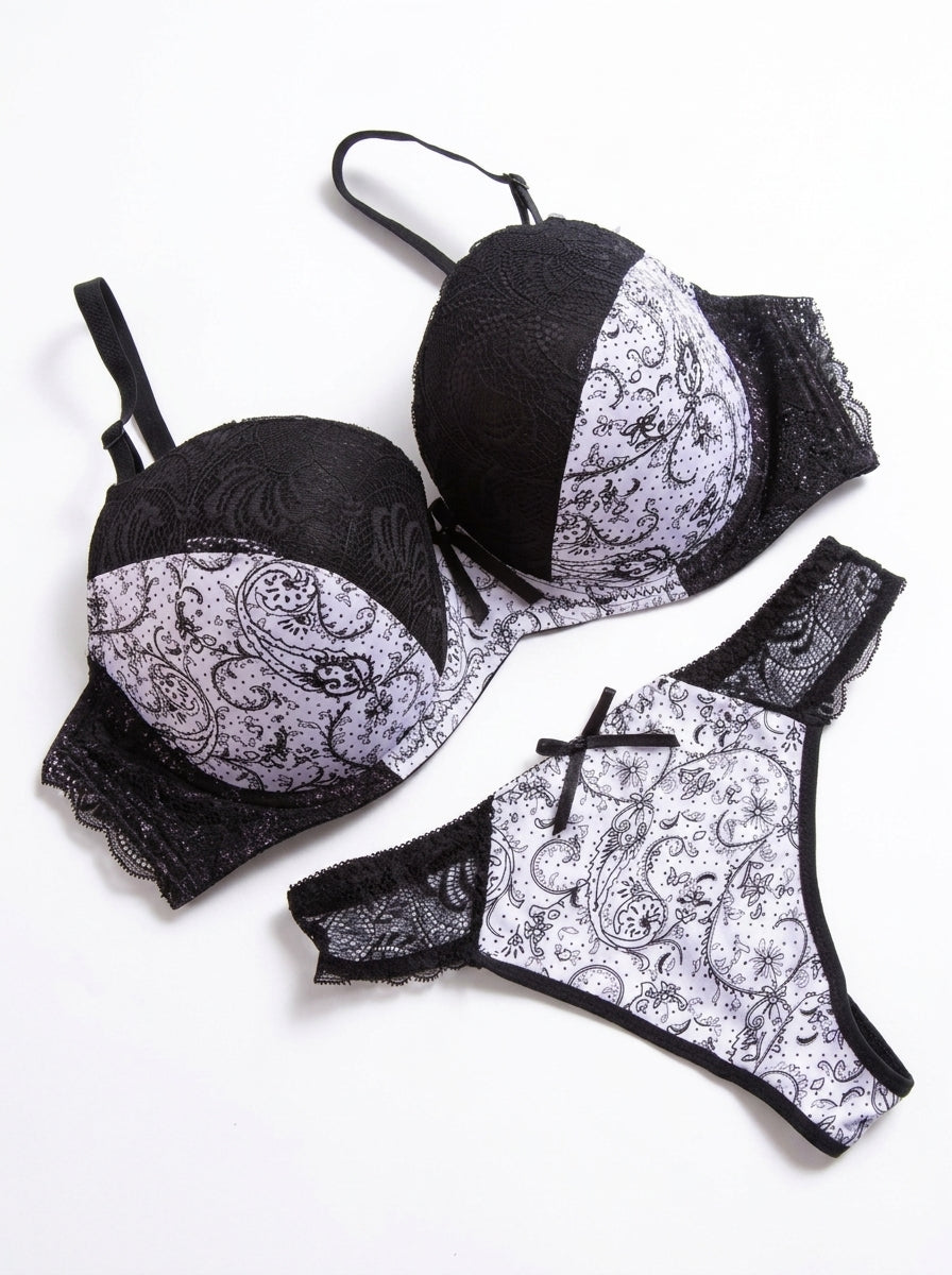 Paisley Print Lace-Trim Bra and Thong Set