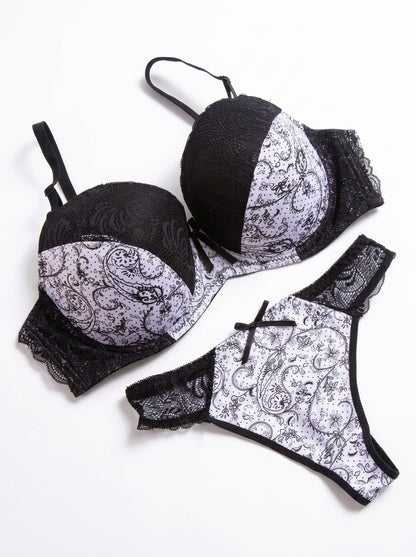 Paisley Print Lace-Trim Bra and Thong Set