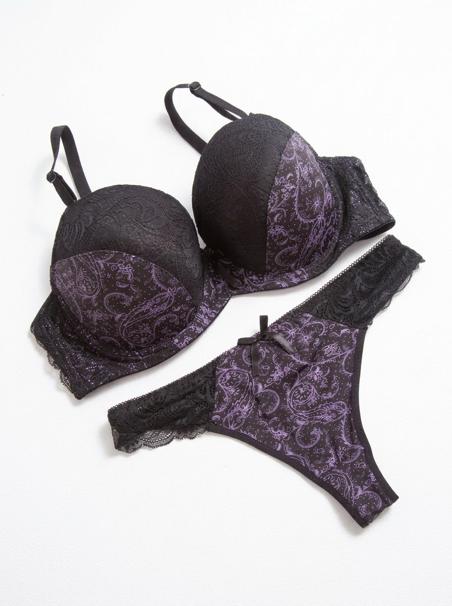 Paisley Print Lace-Trim Bra and Thong Set