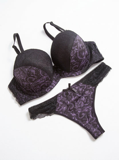 Paisley Print Lace-Trim Bra and Thong Set