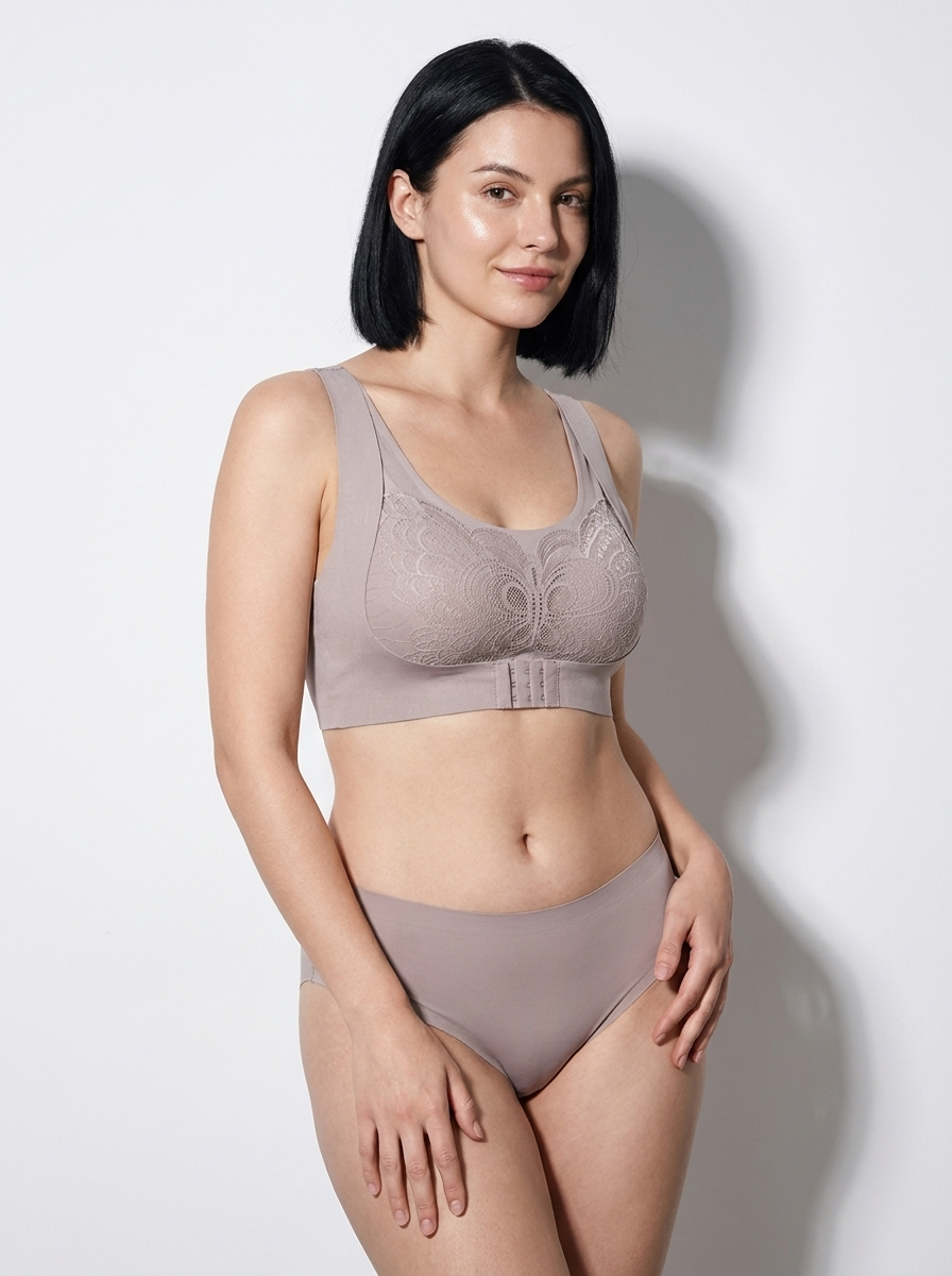 Front-Closure Lace Racerback Bra with Wire-Free Support