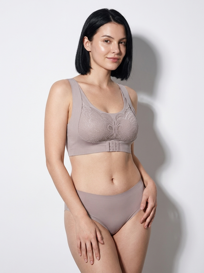 Front-Closure Lace Racerback Bra with Wire-Free Support
