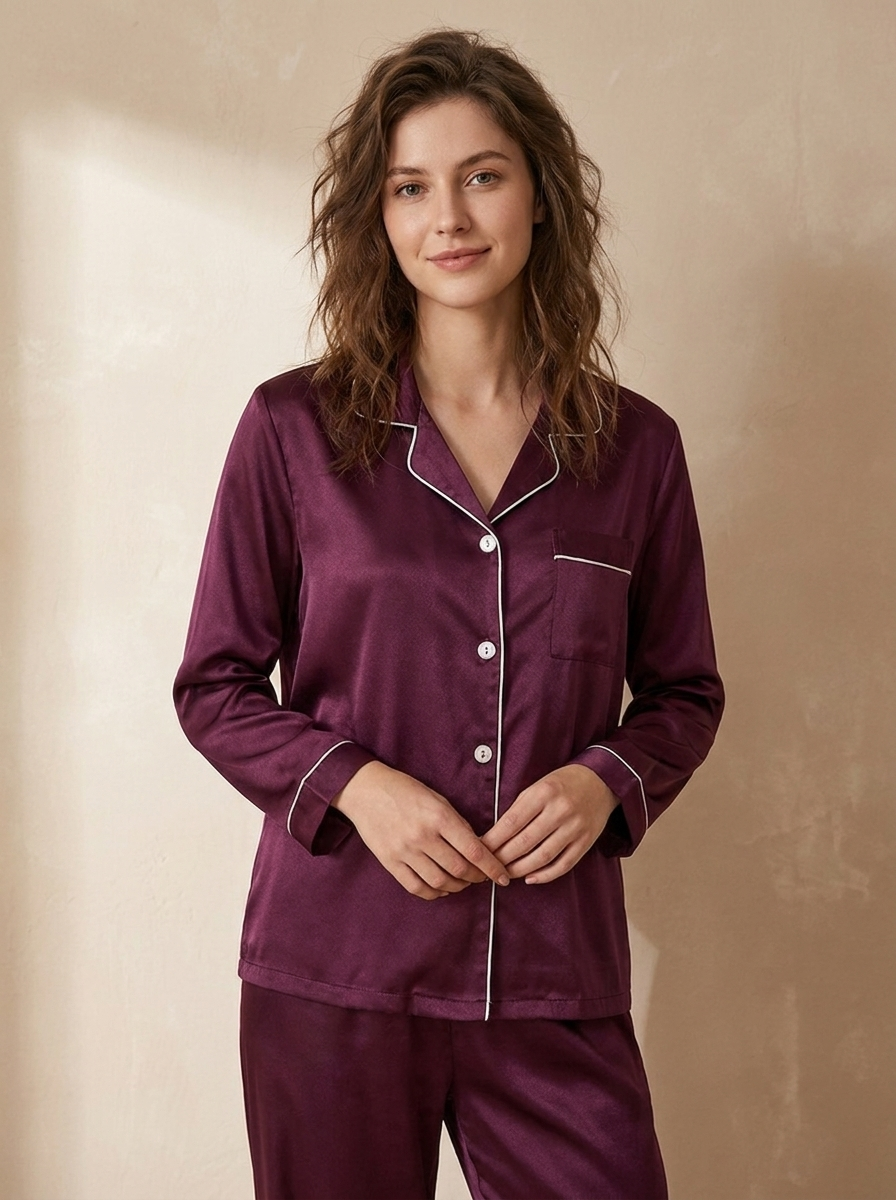 Satin Button-Up Pajama Set with Contrast Detail