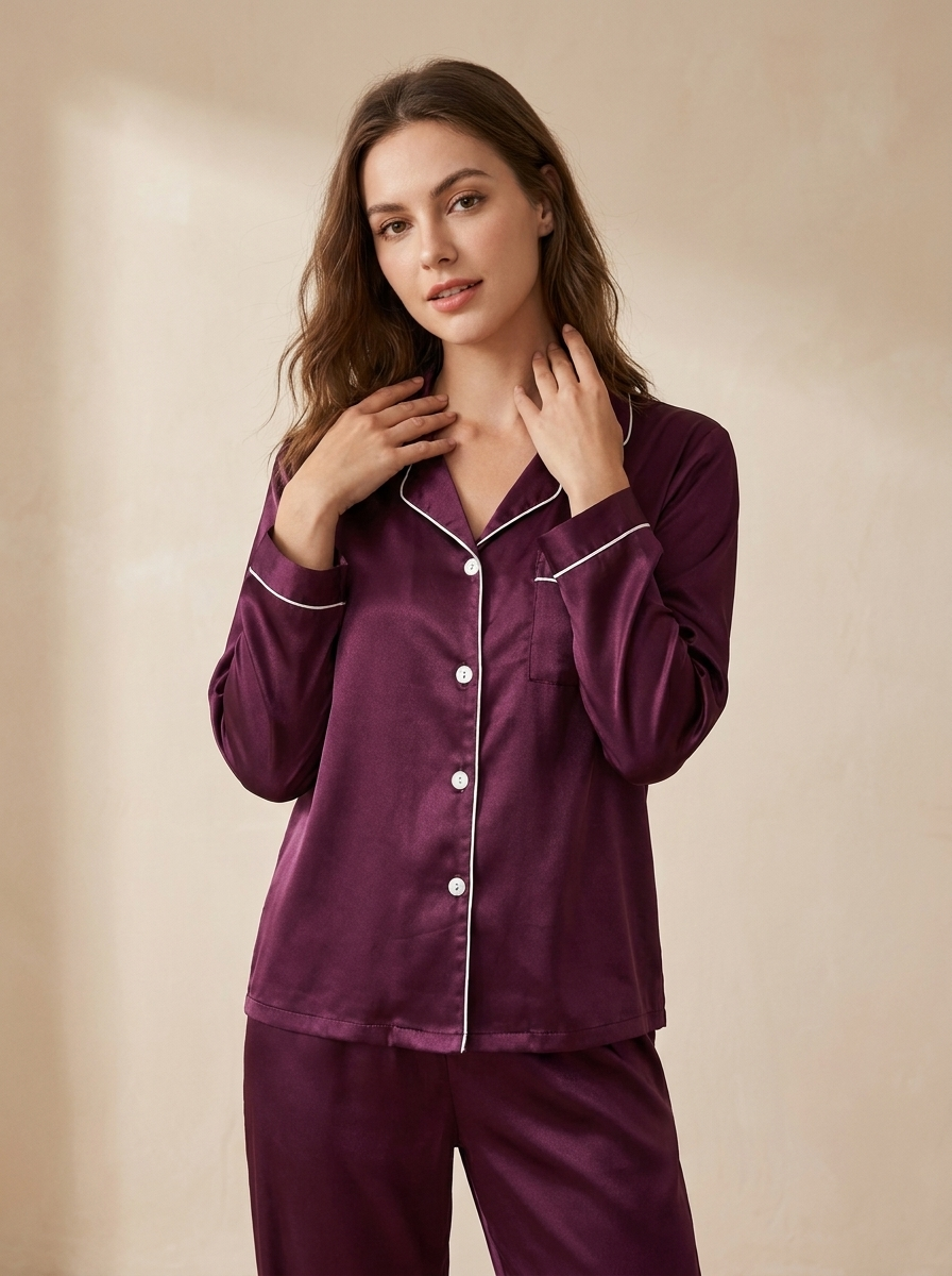 Satin Button-Up Pajama Set with Contrast Detail