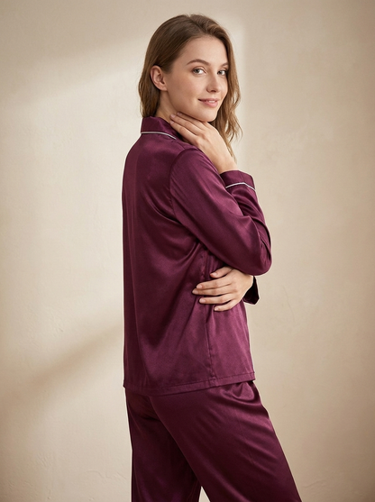 Satin Button-Up Pajama Set with Contrast Detail