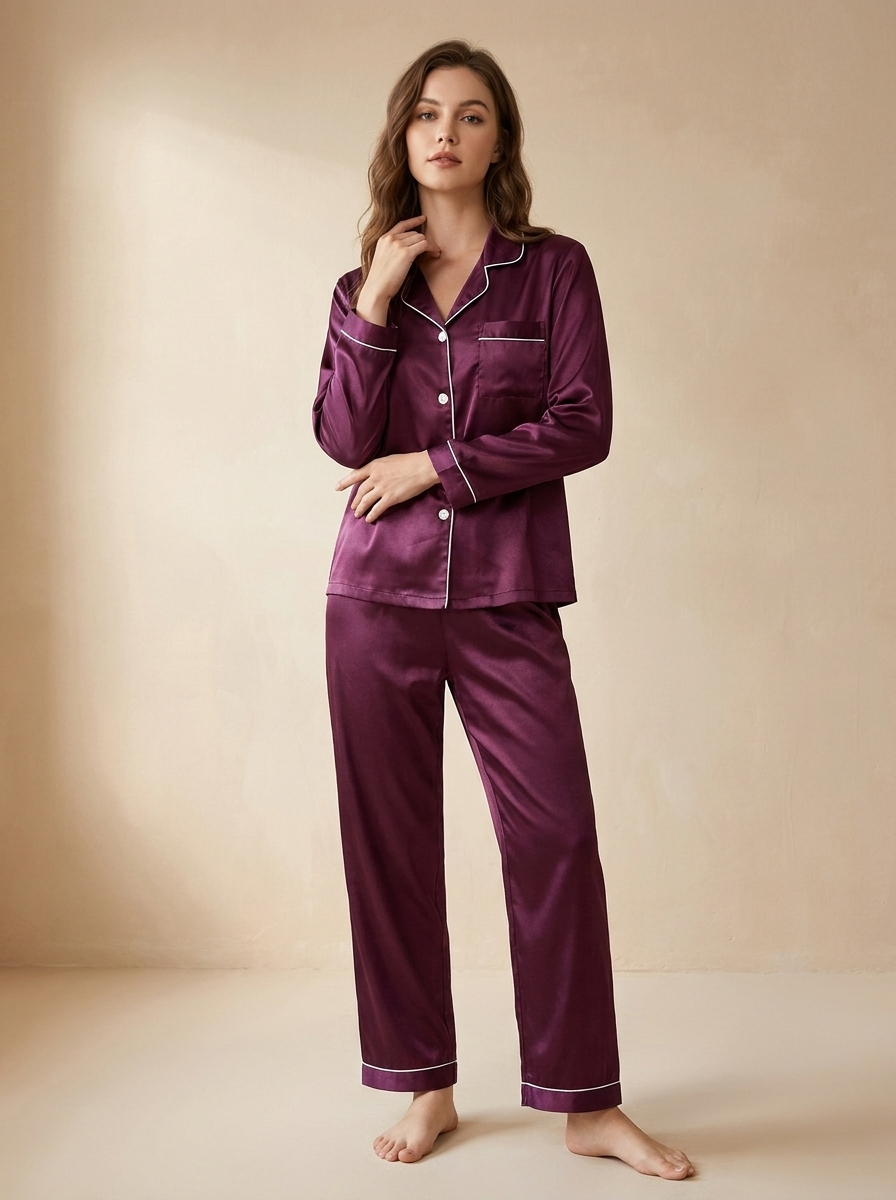 Satin Button-Up Pajama Set with Contrast Detail