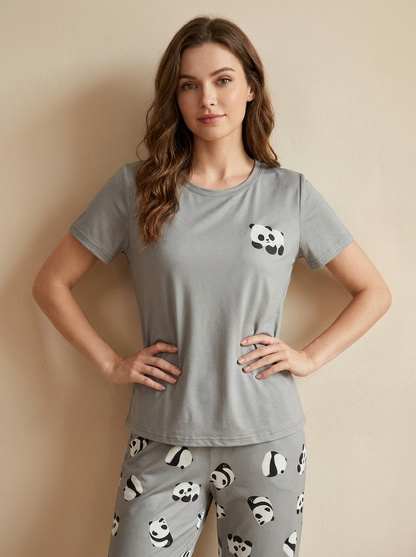 Panda Print Short Sleeve Pajama Set with Pants