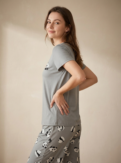 Panda Print Short Sleeve Pajama Set with Pants