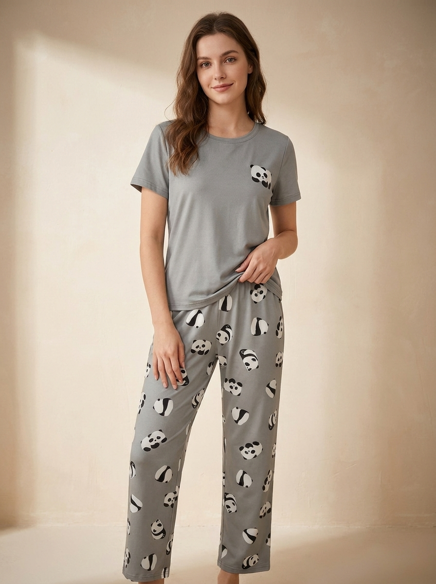 Panda Print Short Sleeve Pajama Set with Pants