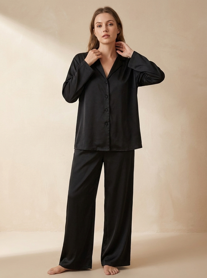 Satin Pajama Set with Button-Down Shirt and Wide-Leg Pants