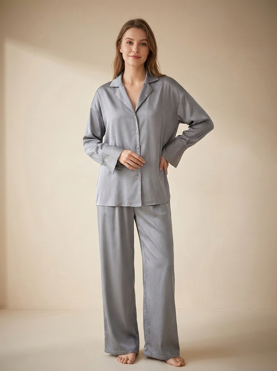 Button-Down Pajama Set with Relaxed Long-Sleeve Shirt and Pants