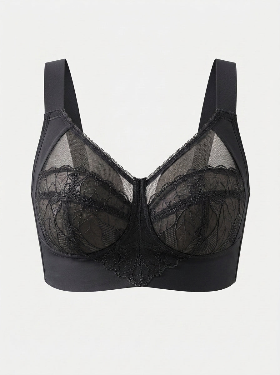 Sheer Leaf Lace Wire-Free Bra with Wide Straps