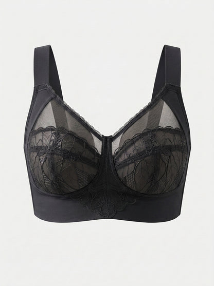 Sheer Leaf Lace Wire-Free Bra with Wide Straps