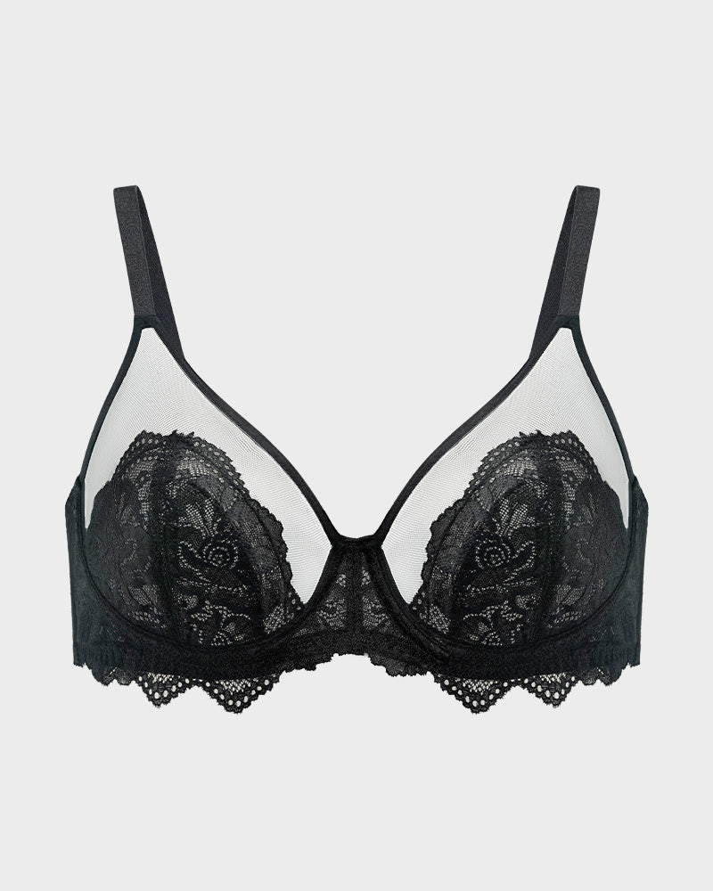 Sheer Underwire Bra | Scalloped Lace Trim | See-Through Mesh Cups