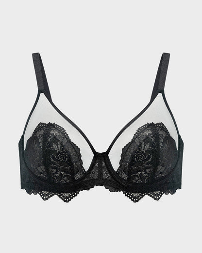 Sheer Underwire Bra | Scalloped Lace Trim | See-Through Mesh Cups